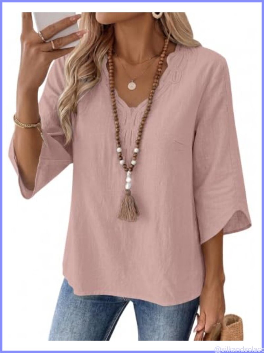 Womens 3/4 Sleeve Lace V Neck Cotton Linen Tunic Top Loose Fit Boho Blouse